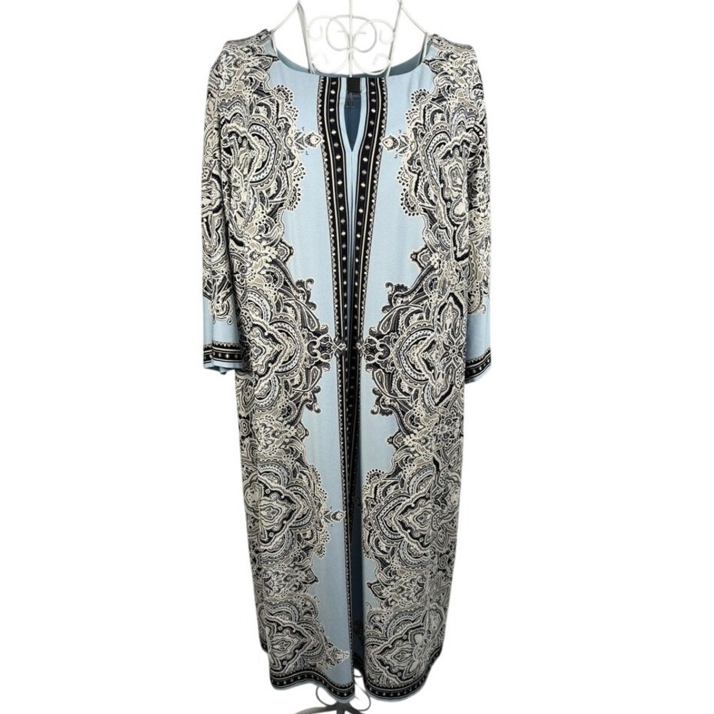 Studio One Dress Women 2X Blue Paisley Shift Keyhole Metal Bar 3/4 Sleeve Midi